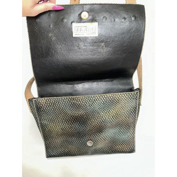 1992 Nina Arjani Leather 12x10" Shoulder Bag Cross Body Metallic Gold Snakeskin - Picture 7 of 16